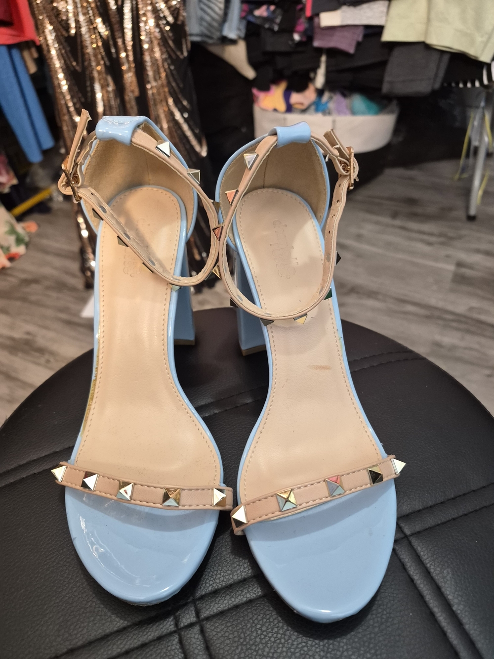 Light Blue Block Heel Sandals with Studded Ankle Strap